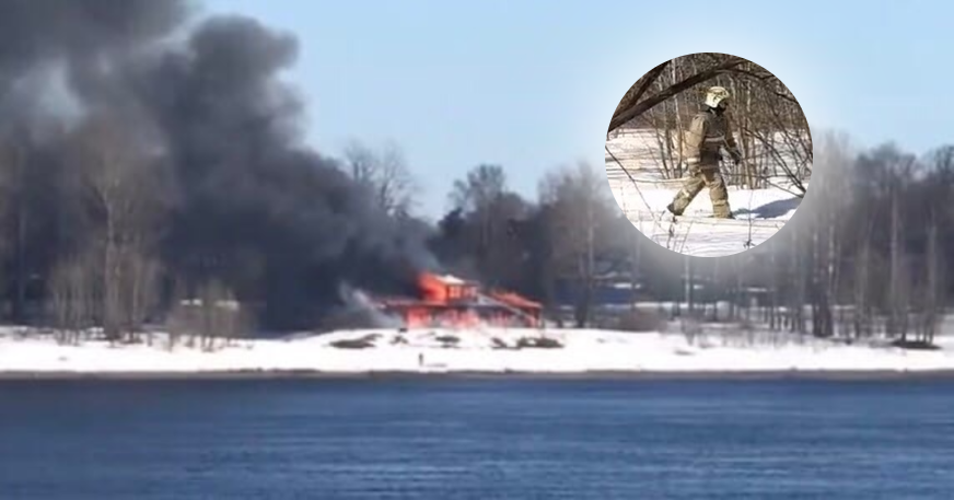В рыбинском Заволжье горит 50-летняя водно-спасательная станция. Видео